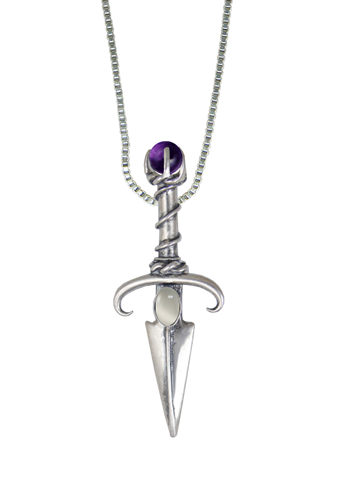 Sterling Silver Black Prince's Knife Dagger Pendant With White Moonstone And Amethyst